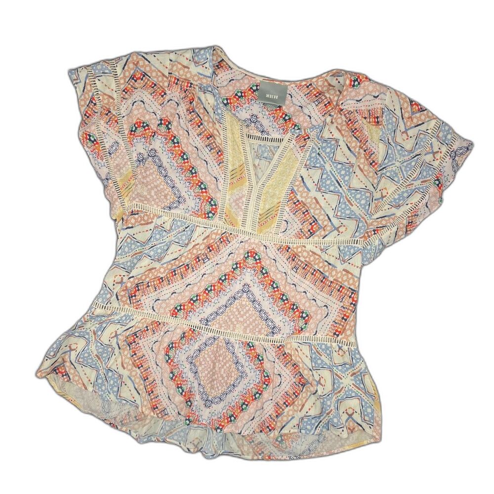 Maeve Anthropologie Small Boho Patchwork Blouse Mixed Print Rayon Top Festival